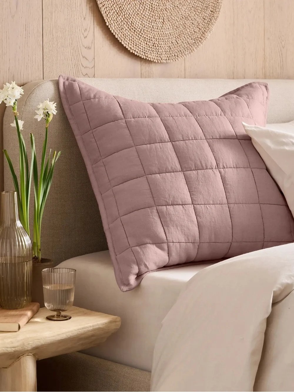 New Quince Euro Sham Box Stitch Dusty Pink Quilted Linen PillowsHome Bedding